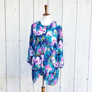 Vintage 80s Miss Oops California Floral Print Tunic Long Sleeve Top Size 22